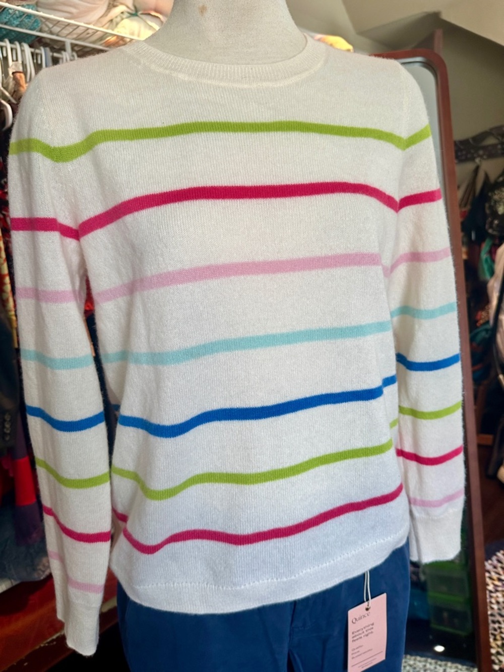 100% Cashmere Cynthia Rowley White Crewneck Sweater with Multi-Color Stripes - Picture 4 of 7